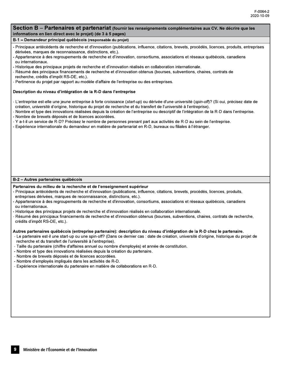 Forme F-0064-2 Volet 1 Soutien Aux Projets Dinnovation Appel De Projets Quebec-Israel - Demande Daide Financiere - Quebec, Canada (French), Page 9