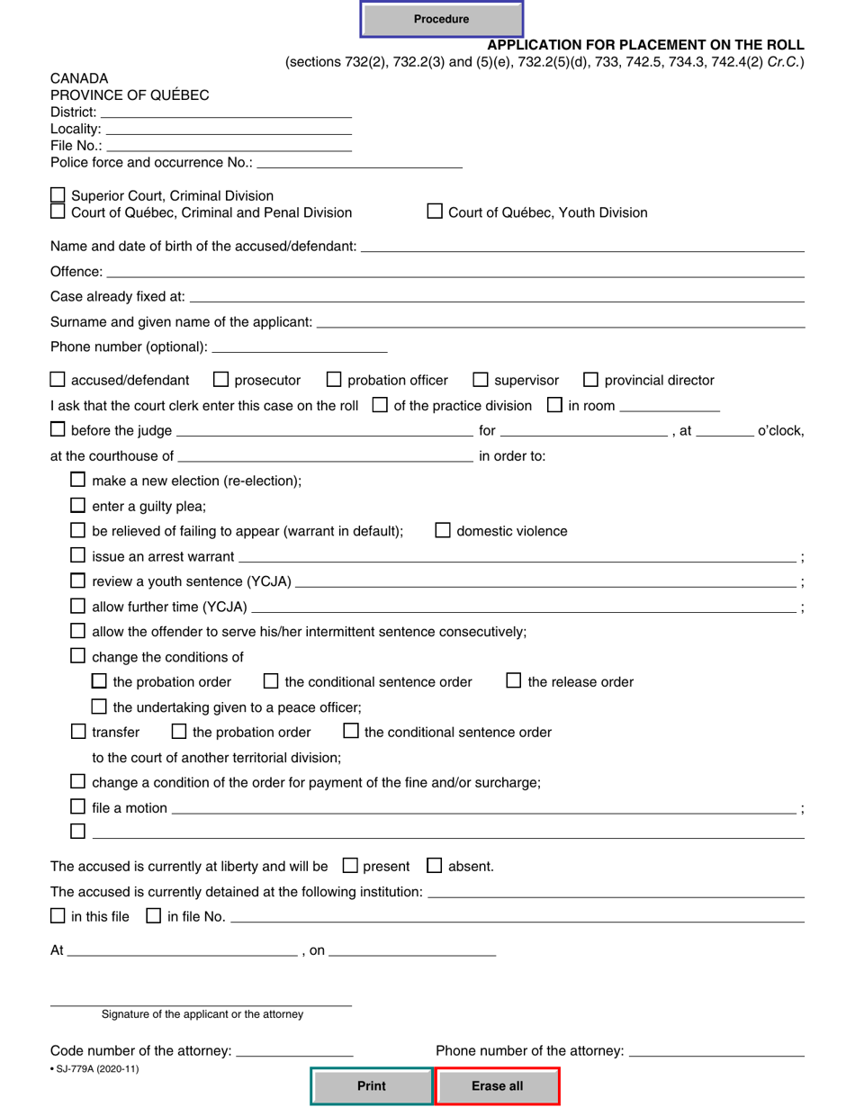 Form SJ-779A Application for Placement on the Roll - Quebec, Canada, Page 1