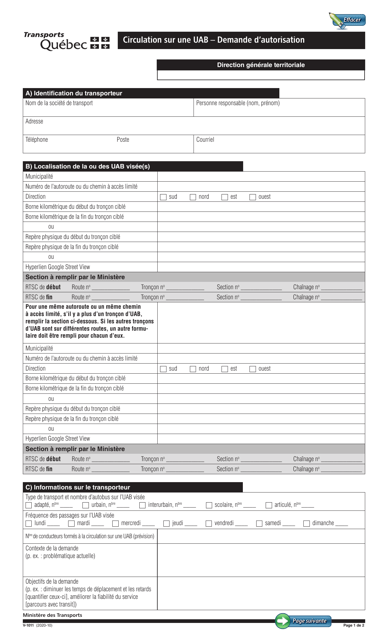 Forme V-1011 Circulation Sur Une Uab - Demande D'autorisation - Quebec, Canada (French)