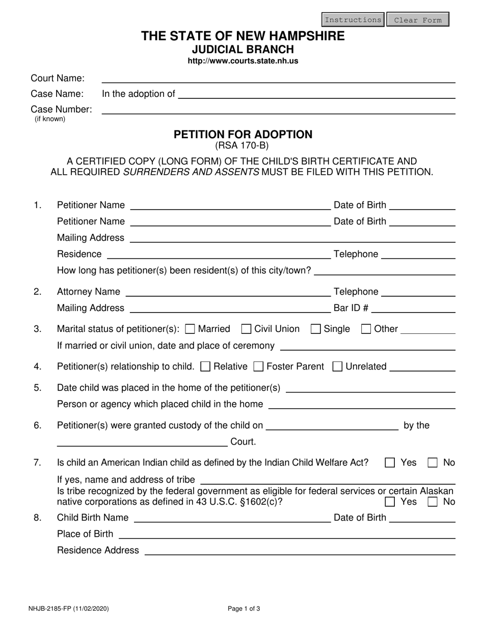 Form NHJB-2185-FP Petition for Adoption - New Hampshire, Page 1