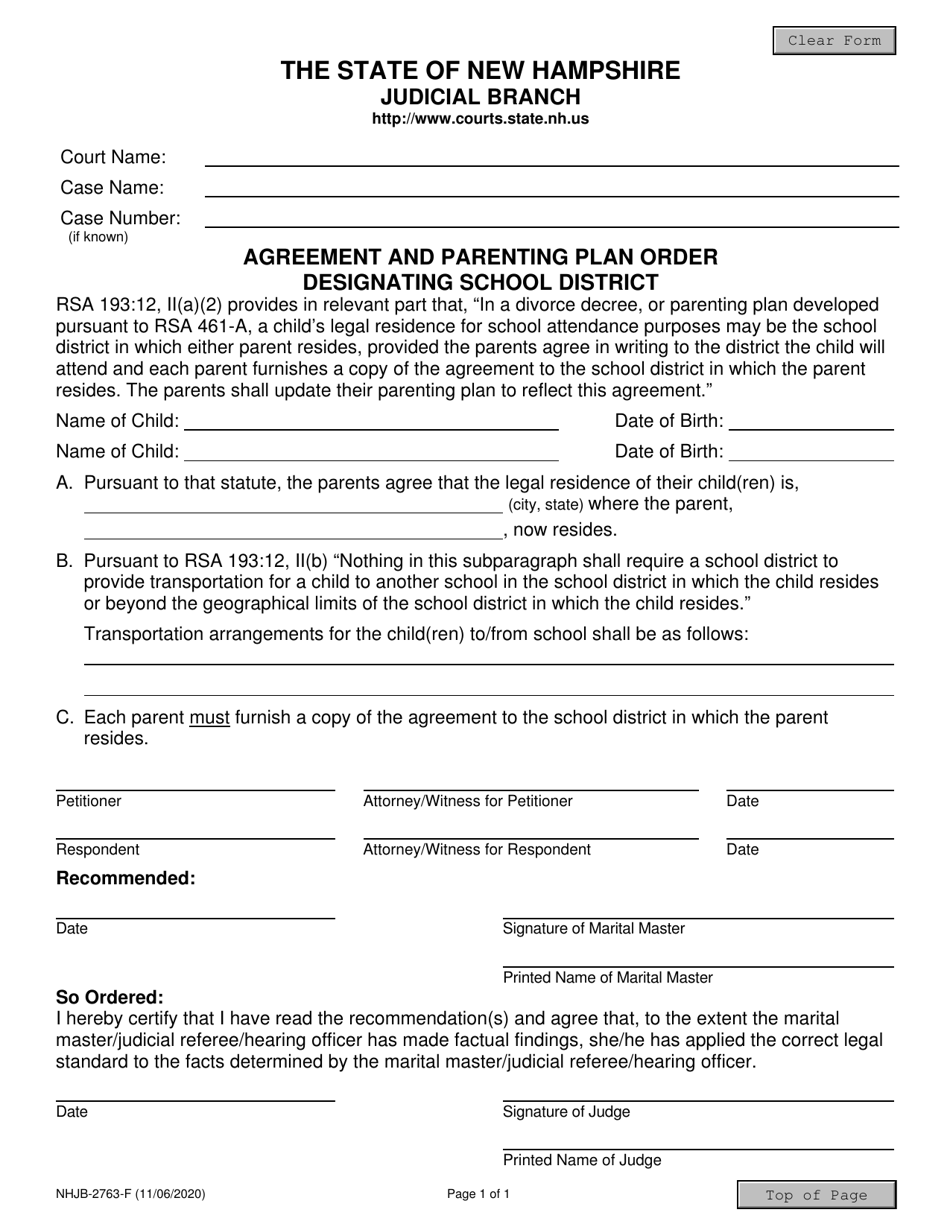 Form NHJB-2763-F Agreement and Parenting Plan Order Designating School District - New Hampshire, Page 1