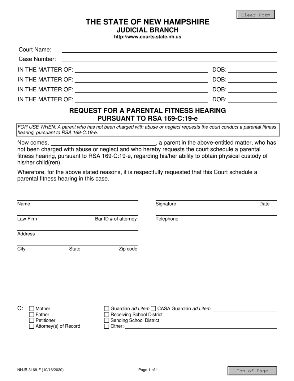 Form NHJB-3169-F Request for a Parental Fitness Hearing Pursuant to Rsa 169-c:19-e - New Hampshire, Page 1