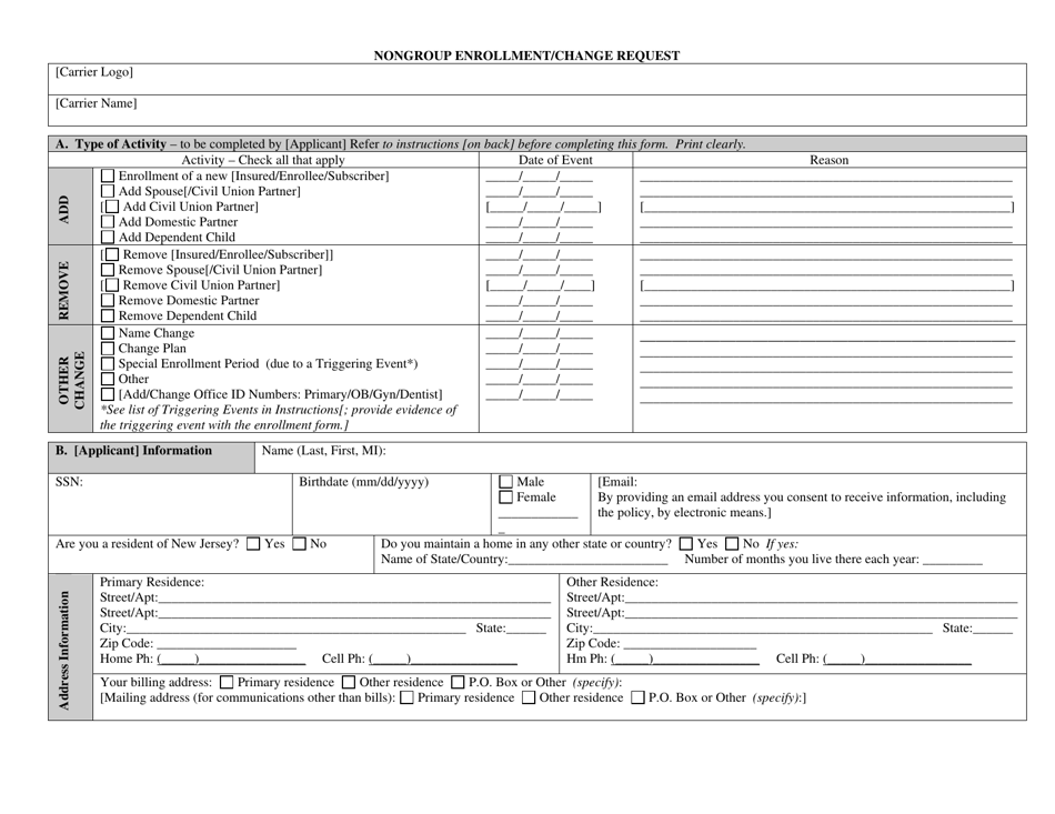 New Jersey Nongroup Enrollment/Change Request Download Printable PDF ...