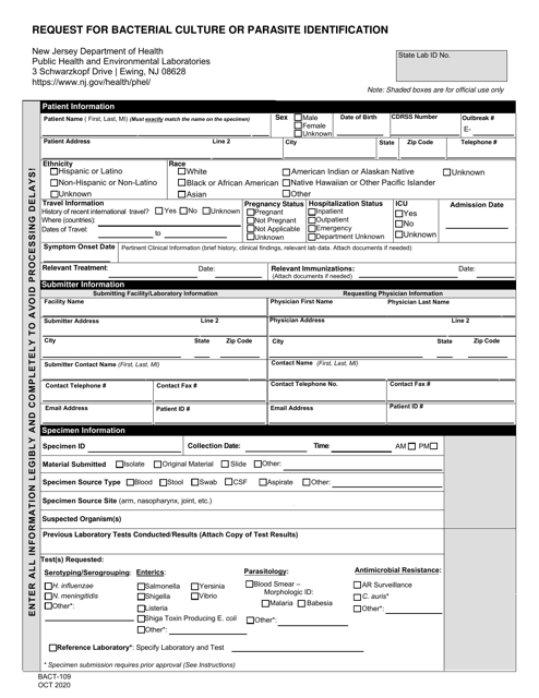 Form BACT-109 Request for Bacterial Culture or Parasite Identification - New Jersey