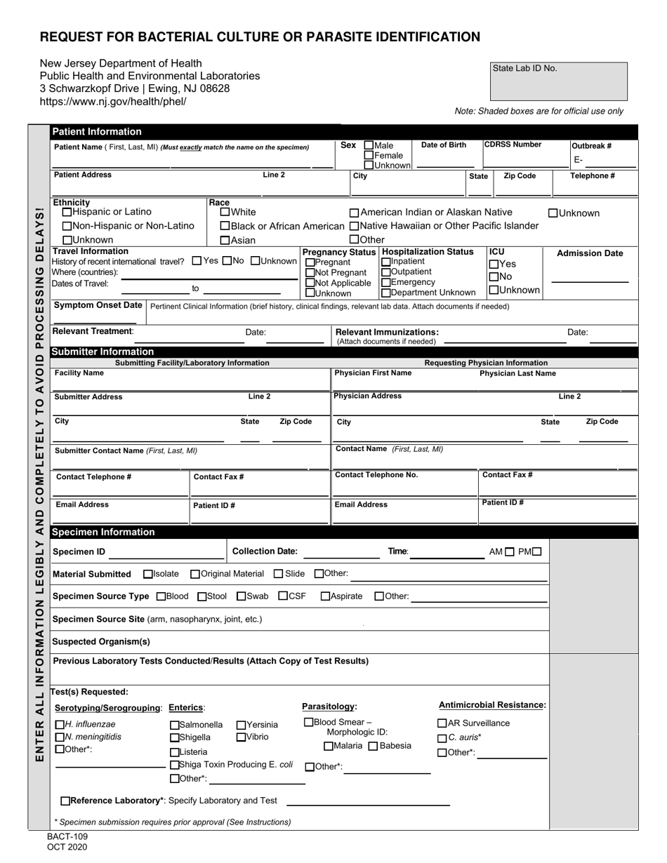 Form BACT-109 Request for Bacterial Culture or Parasite Identification - New Jersey, Page 1