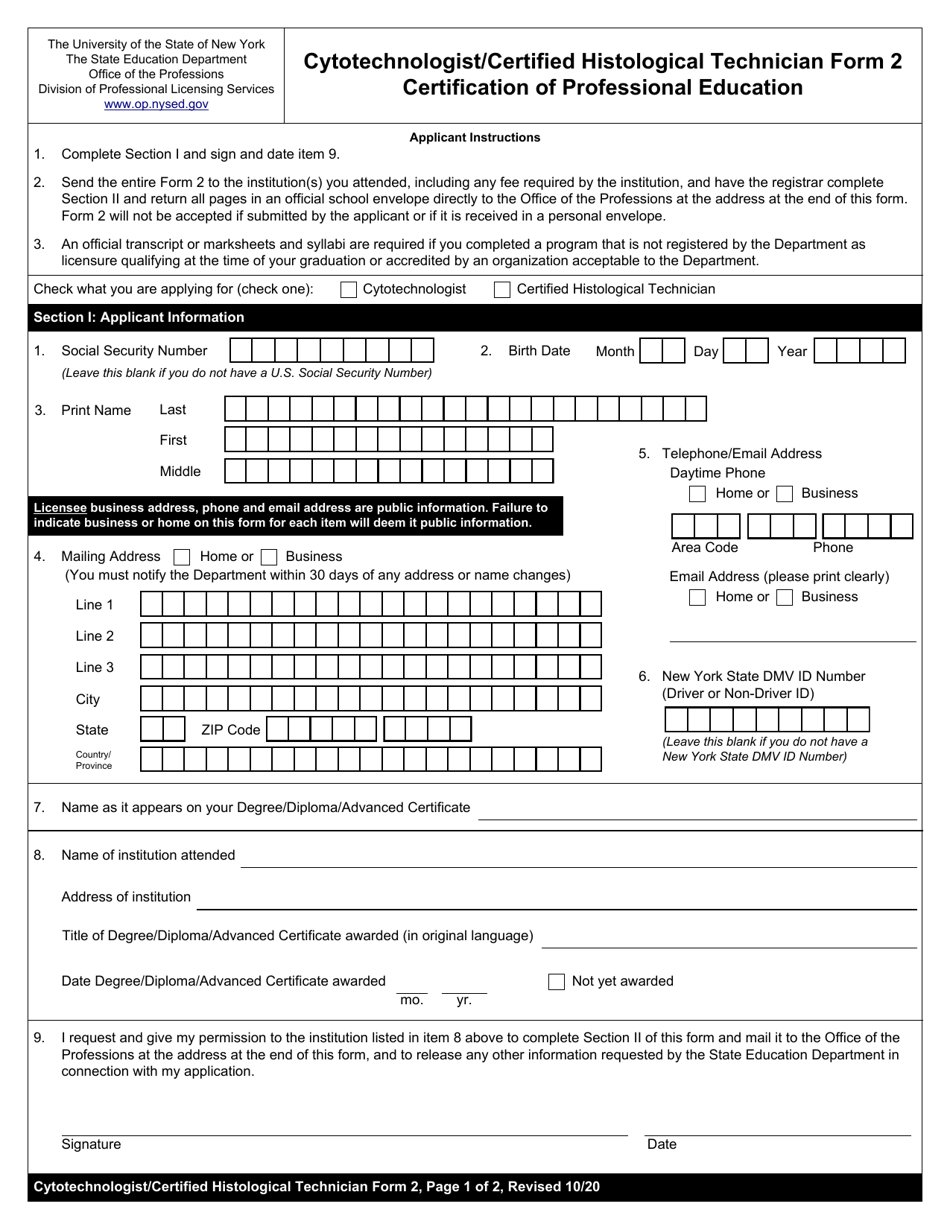 Cytotechnologist / Certified Histological Technician Form 2 Certification of Professional Education - New York, Page 1