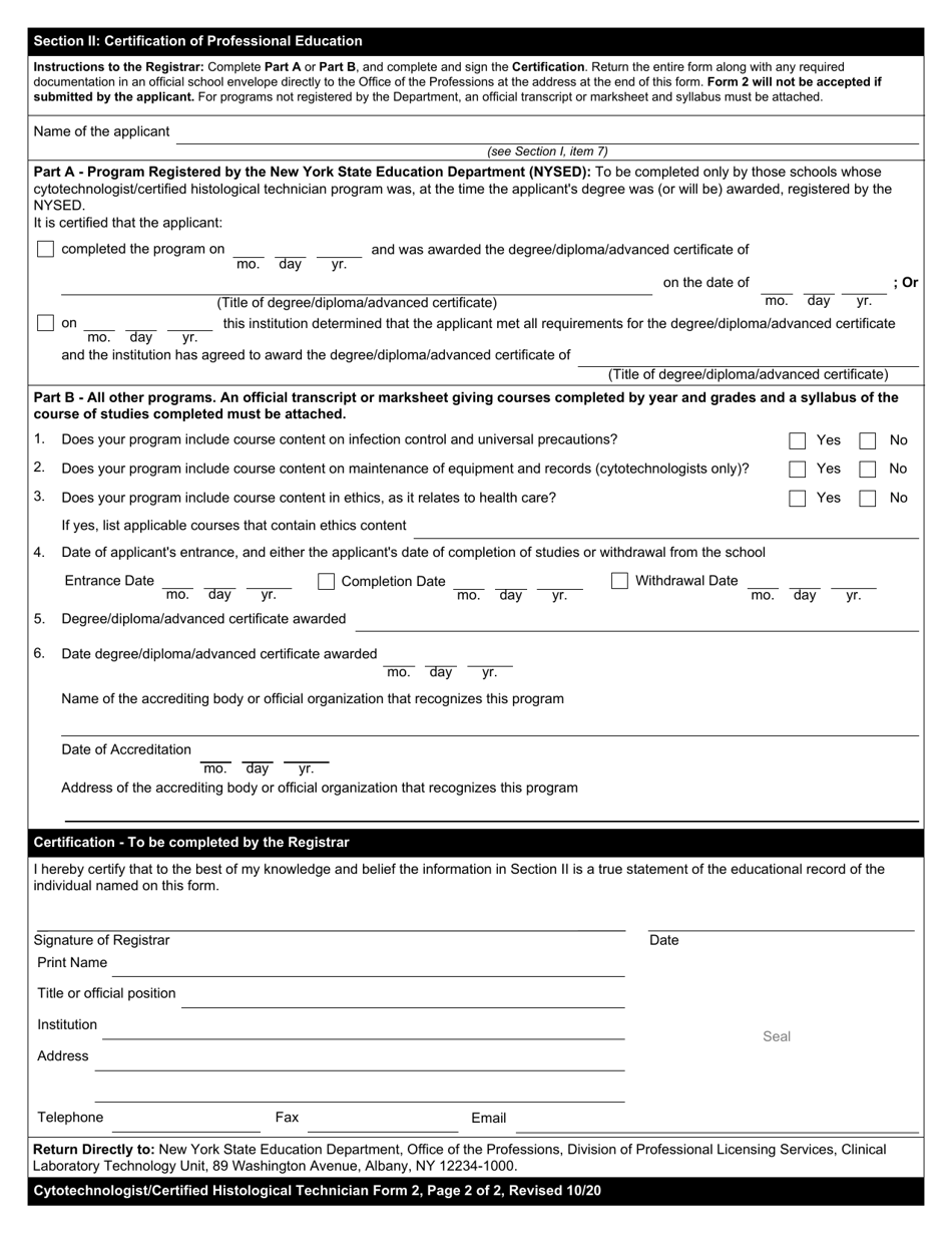 Cytotechnologist / Certified Histological Technician Form 2 Certification of Professional Education - New York, Page 2