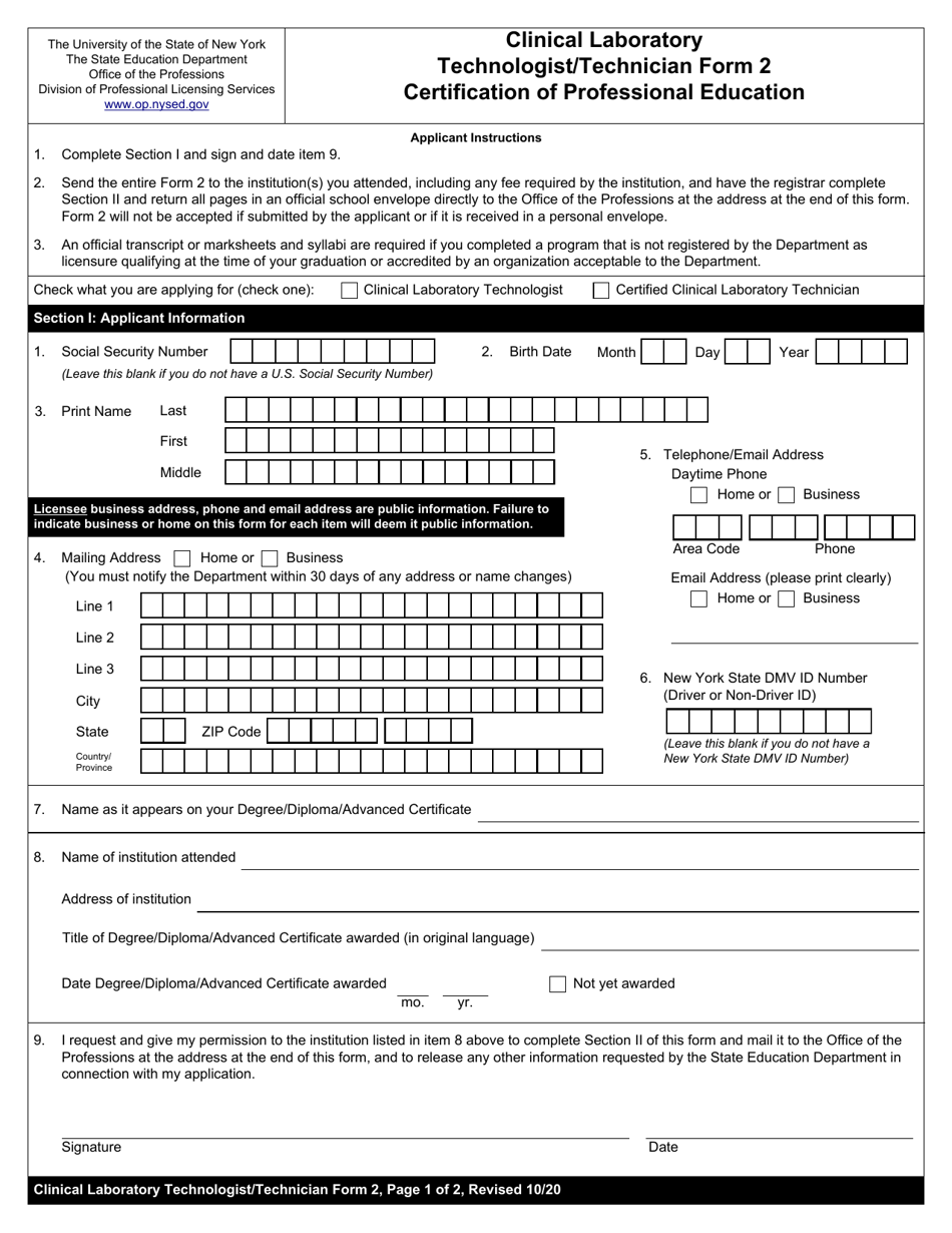 Clinical Laboratory Technologist / Certified Histological Technician Form 2 Certification of Professional Education - New York, Page 1
