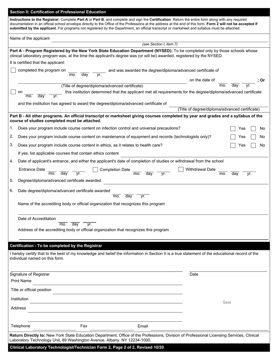 Clinical Laboratory Technologist / Certified Histological Technician Form 2 Certification of Professional Education - New York, Page 2