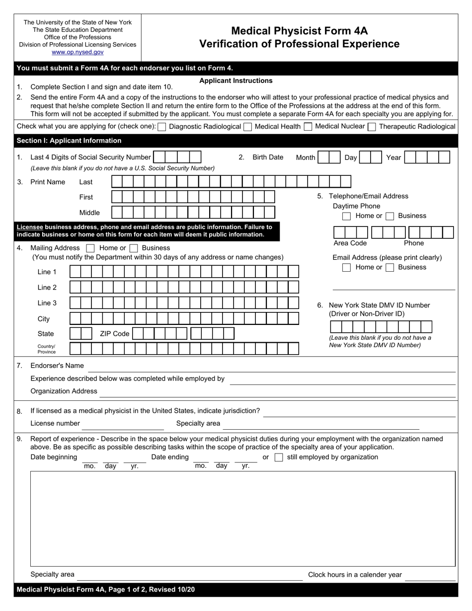 Medical Physicist Form 4A Verification of Professional Experience - New York, Page 1