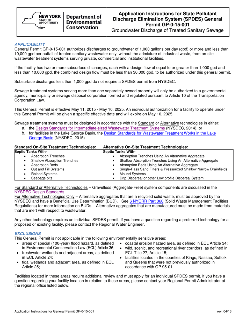 Instructions for Application for State Pollutant Discharge Elimination System (Spdes) General Permit Gp-0-15-001 - New York, Page 1