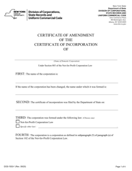 Form DOS-1553-F Not-For-Profit Corporation Certificate of Amendment of the Certificate of Incorporation - New York
