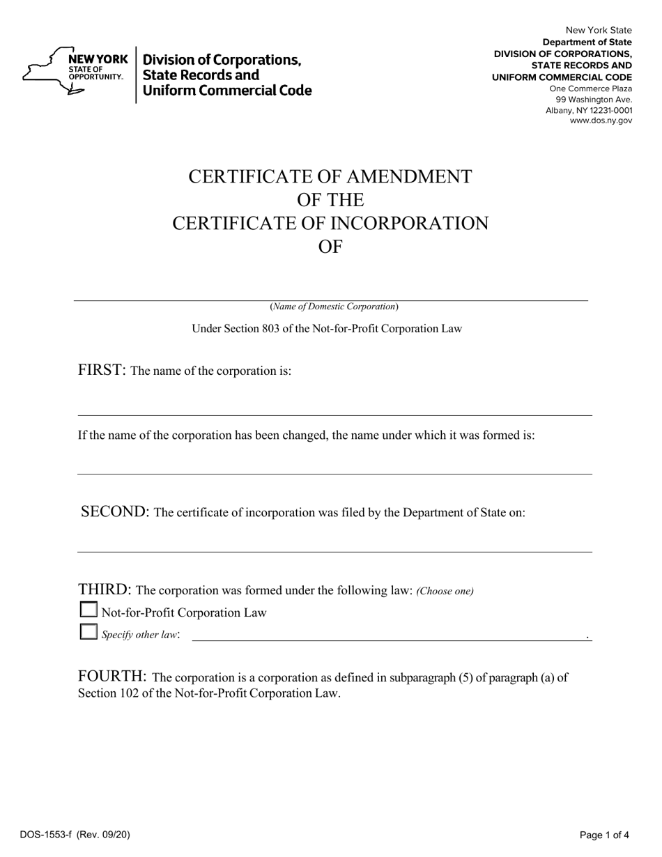 Form DOS-1553-F Not-For-Profit Corporation Certificate of Amendment of the Certificate of Incorporation - New York, Page 1