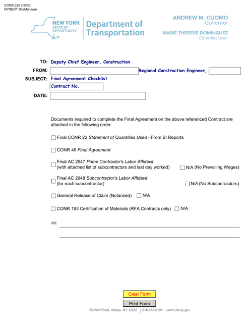 Form CONR320 Final Agreement Checklist - New York