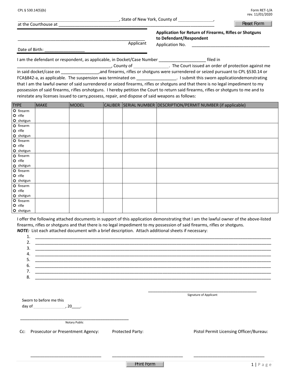 Form RET-1 / A Application for Return of Firearms, Rifles or Shotguns to Defendant / Respondent - New York, Page 1