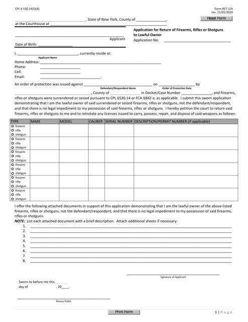 Form RET-2/A Application for Return of Firearms, Rifles or Shotguns to Lawful Owner - New York