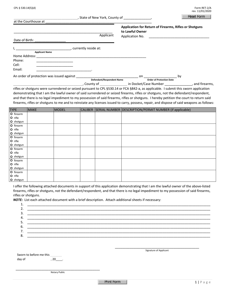 Form RET-2 / A Application for Return of Firearms, Rifles or Shotguns to Lawful Owner - New York, Page 1