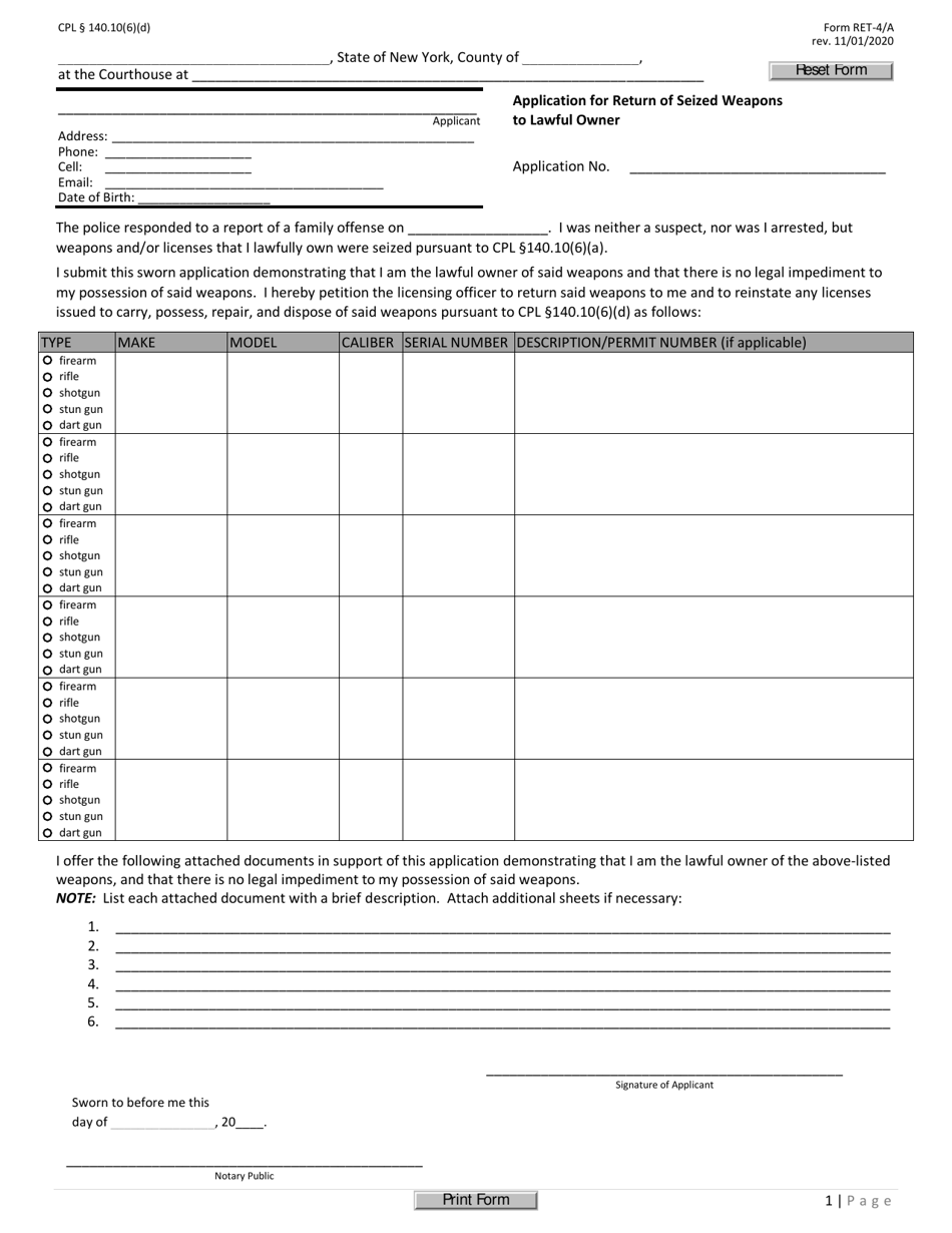 Form RET-4 / A Application for Return of Seized Weapons to Lawful Owner - New York, Page 1