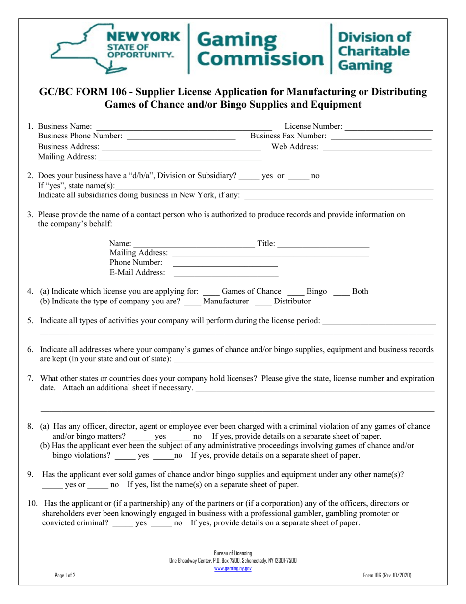 GC / BC Form 106 Supplier License Application for Manufacturing or Distributing Games of Chance and / or Bingo Supplies and Equipment - New York, Page 1