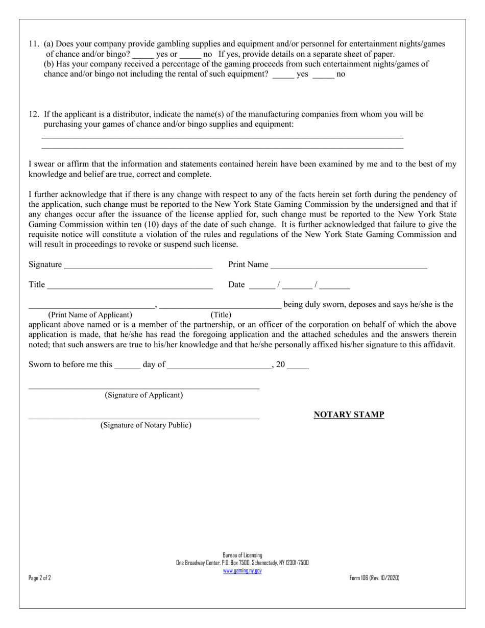 GC / BC Form 106 Supplier License Application for Manufacturing or Distributing Games of Chance and / or Bingo Supplies and Equipment - New York, Page 2