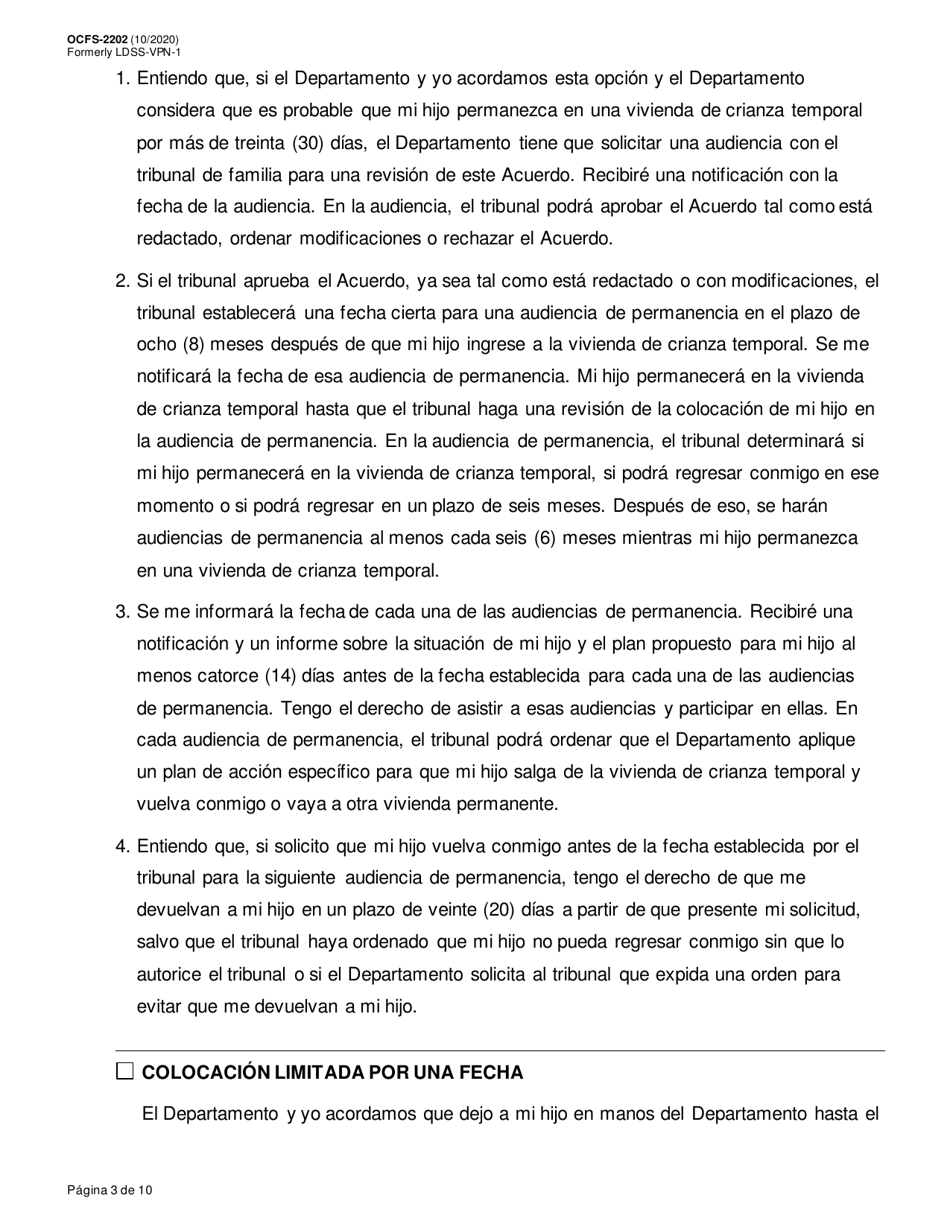 Formulario OCFS-2202 Acuerdo De Colocacion Voluntaria - New York (Spanish), Page 3