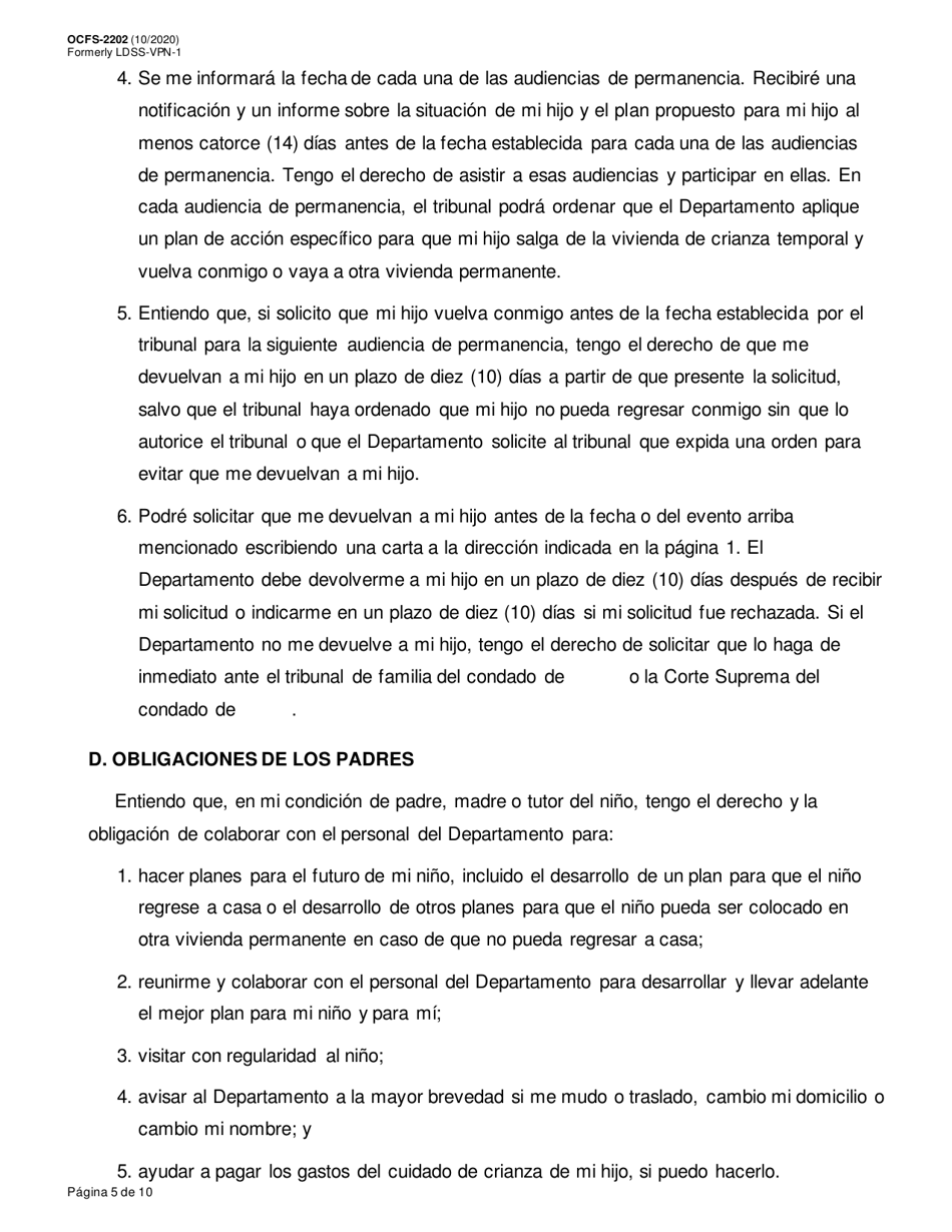 Formulario OCFS-2202 Acuerdo De Colocacion Voluntaria - New York (Spanish), Page 5
