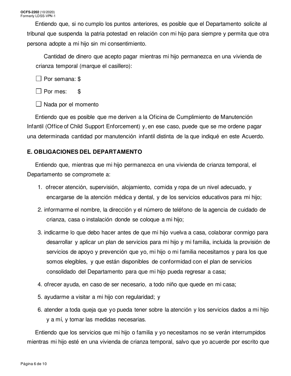 Formulario OCFS-2202 Acuerdo De Colocacion Voluntaria - New York (Spanish), Page 6