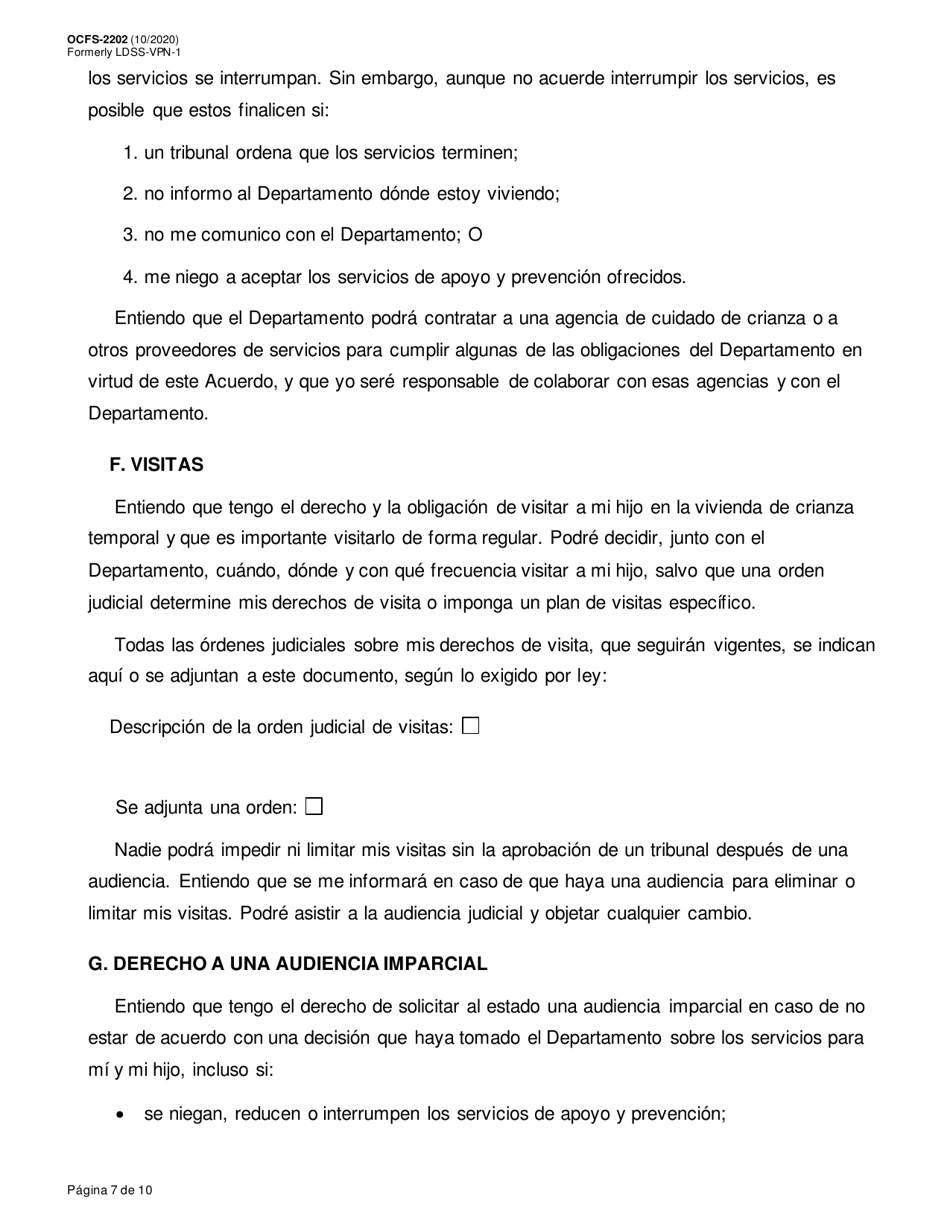 Formulario OCFS-2202 Acuerdo De Colocacion Voluntaria - New York (Spanish), Page 7