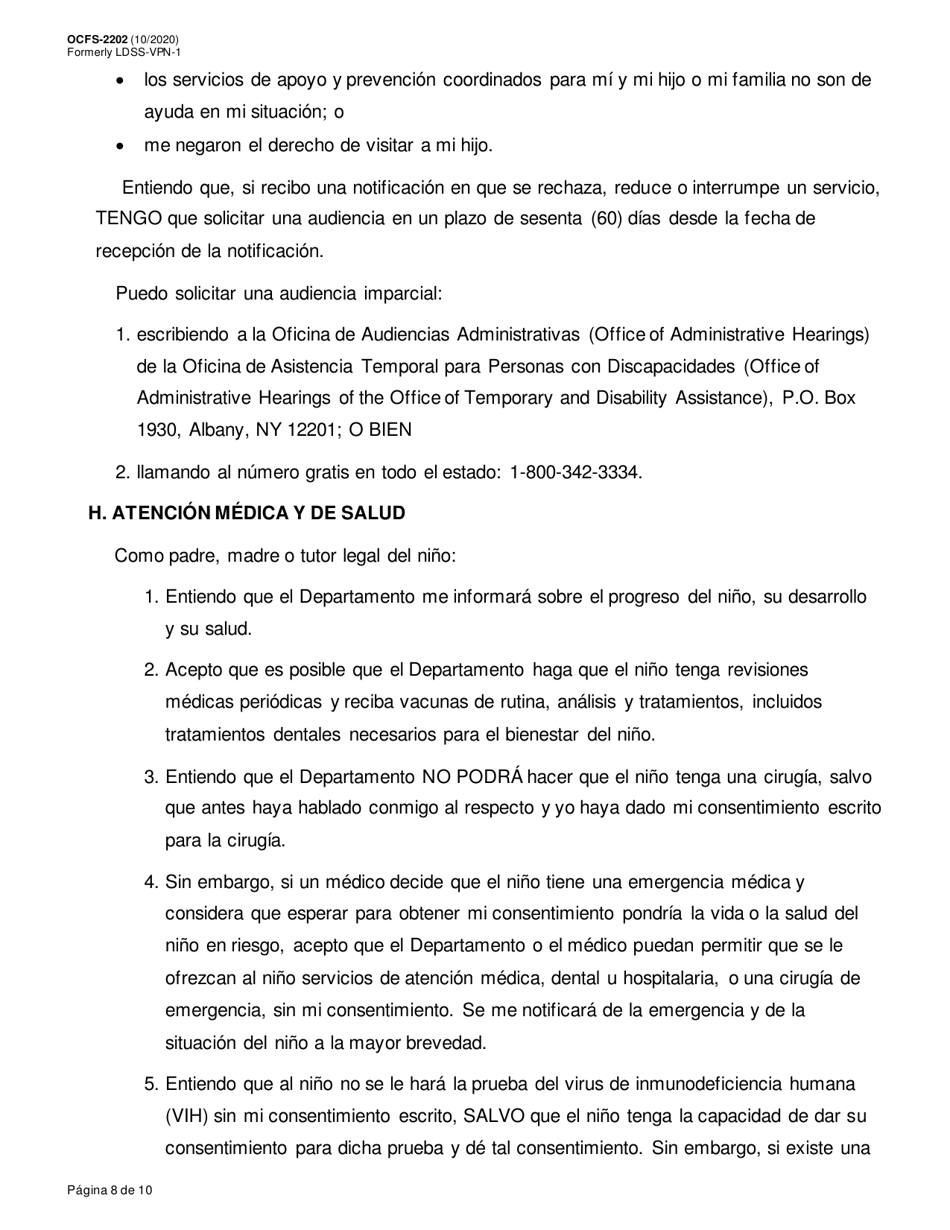 Formulario OCFS-2202 Acuerdo De Colocacion Voluntaria - New York (Spanish), Page 8