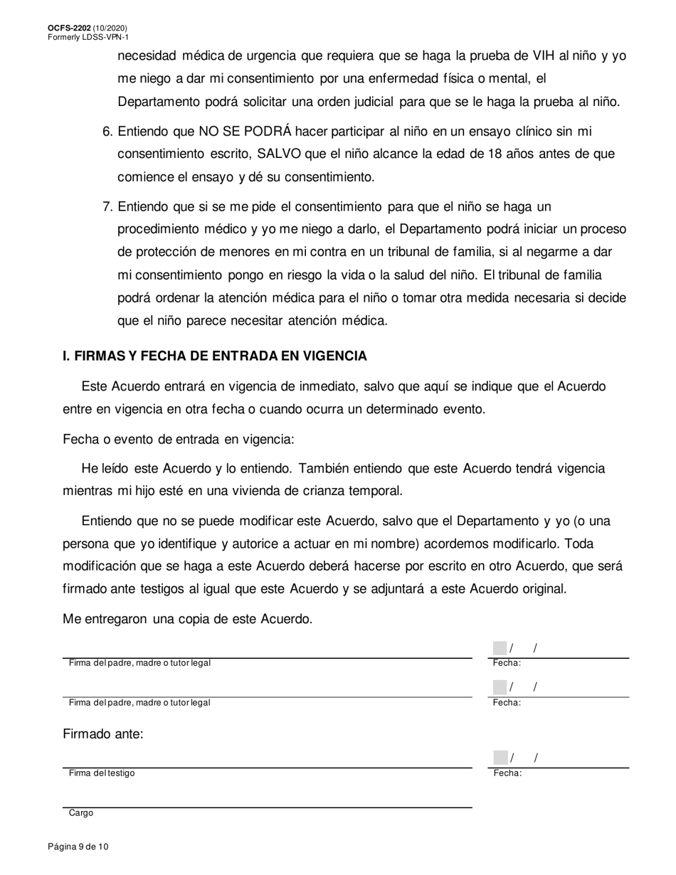 Formulario OCFS-2202 Acuerdo De Colocacion Voluntaria - New York (Spanish), Page 9