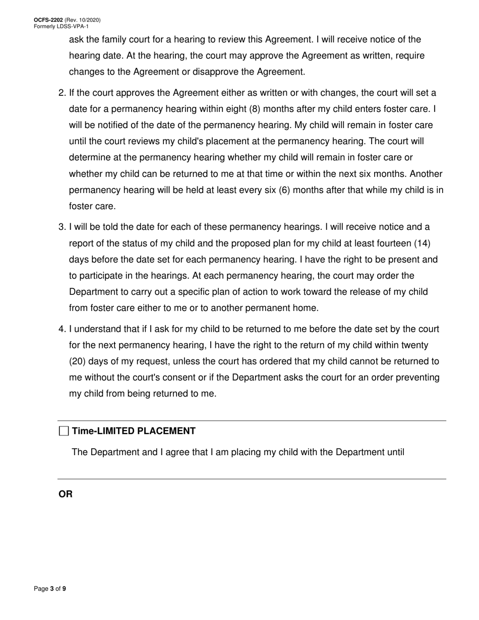 Form OCFS-2202 Voluntary Placement Agreement - New York, Page 3