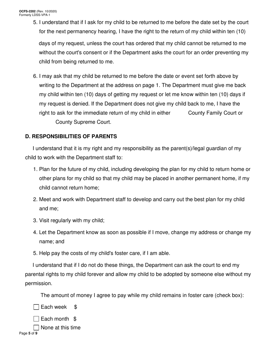 Form OCFS-2202 Voluntary Placement Agreement - New York, Page 5