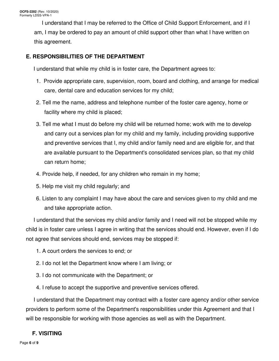 Form OCFS-2202 Voluntary Placement Agreement - New York, Page 6