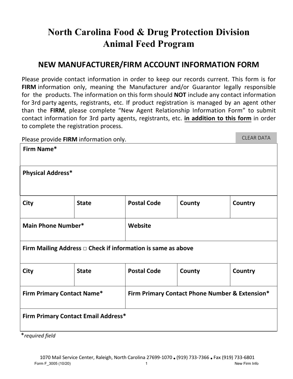Form F_3005 New Manufacturer / Firm Account Information Form - North Carolina, Page 1
