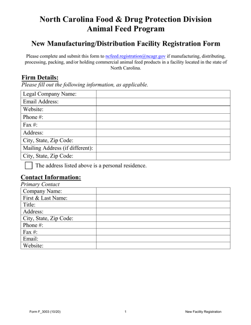 Form F_3003 New Manufacturing/Distribution Facility Registration Form - North Carolina