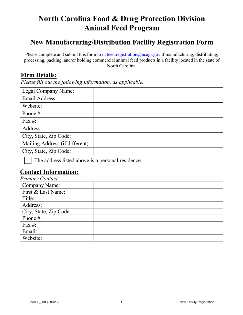 Form F_3003 New Manufacturing / Distribution Facility Registration Form - North Carolina, Page 1
