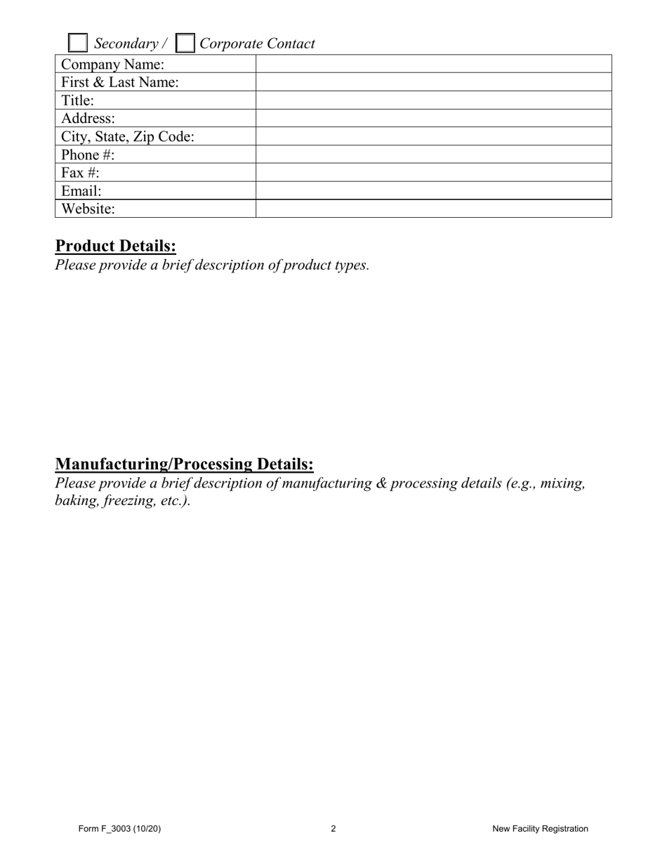 Form F_3003 New Manufacturing / Distribution Facility Registration Form - North Carolina, Page 2