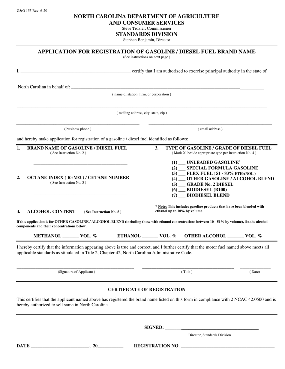 Form GO155 Application for Registration of Gasoline / Diesel Fuel Brand Name - North Carolina, Page 1