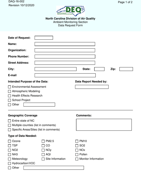 Form DAQ-16-002 Ambient Monitoring Section Data Request Form - North Carolina