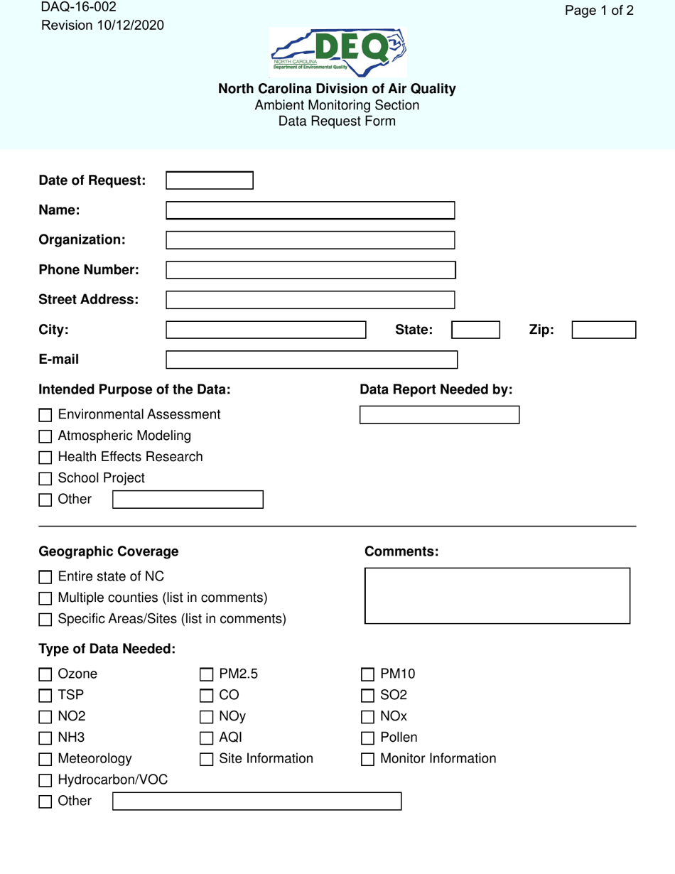 Form DAQ-16-002 Ambient Monitoring Section Data Request Form - North Carolina, Page 1