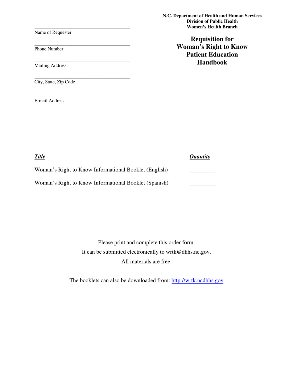 Requisition for Womans Right to Know Patient Education Handbook - North Carolina, Page 1