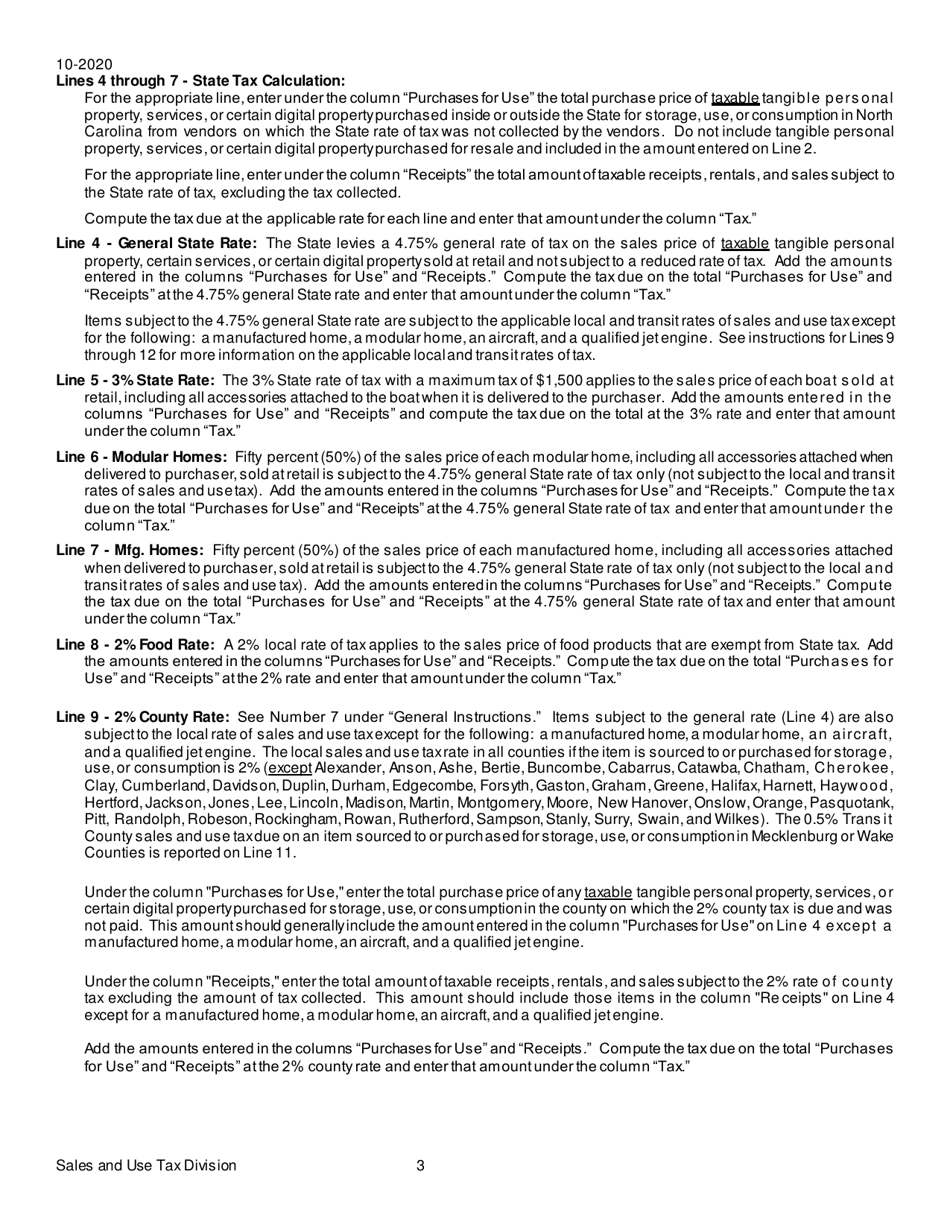 Instructions for Form E-500 Sales and Use Tax Return - North Carolina, Page 3