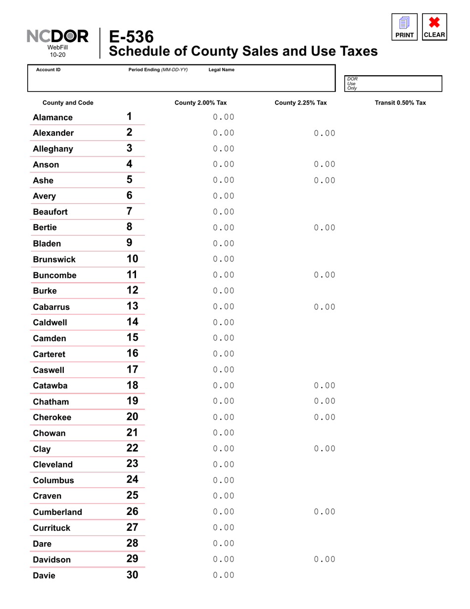 Form E-536 Schedule of County Sales and Use Taxes - North Carolina, Page 2