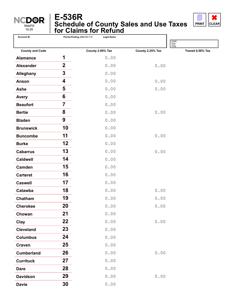 Form E-536R Schedule of County Sales and Use Taxes for Claims for Refund - North Carolina, Page 2