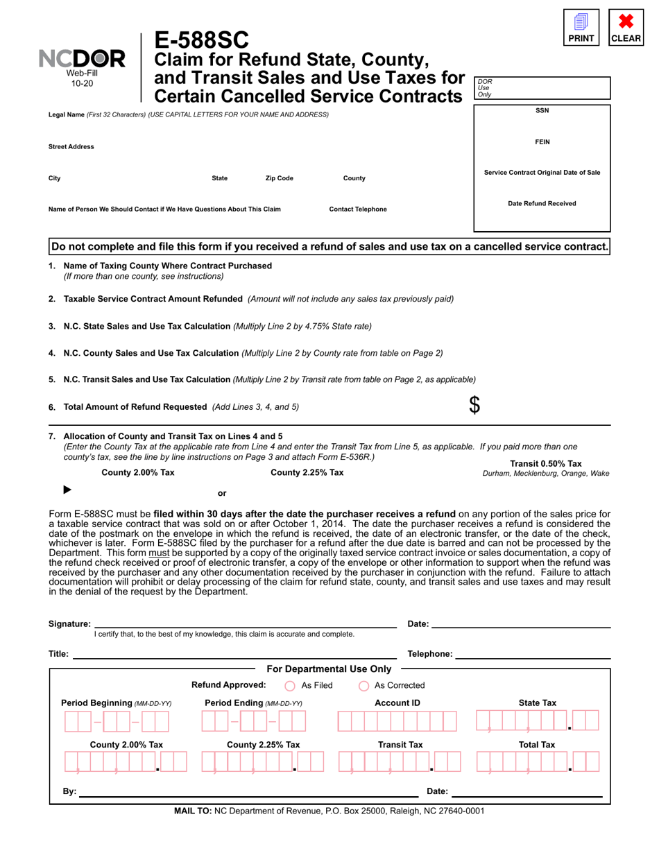 Form E-588SC Claim for Refund State, County, and Transit Sales and Use Taxes for Certain Cancelled Service Contracts - North Carolina, Page 2