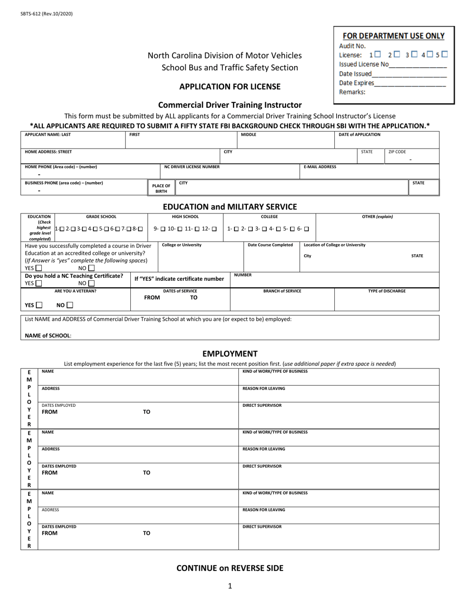 Form SBTS-612 Application for License - Commercial Driver Training Instructor - North Carolina, Page 1
