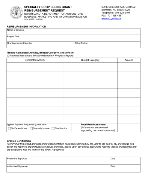 Form SFN60626 Specialty Crop Block Grant Reimbursement Request - North Dakota