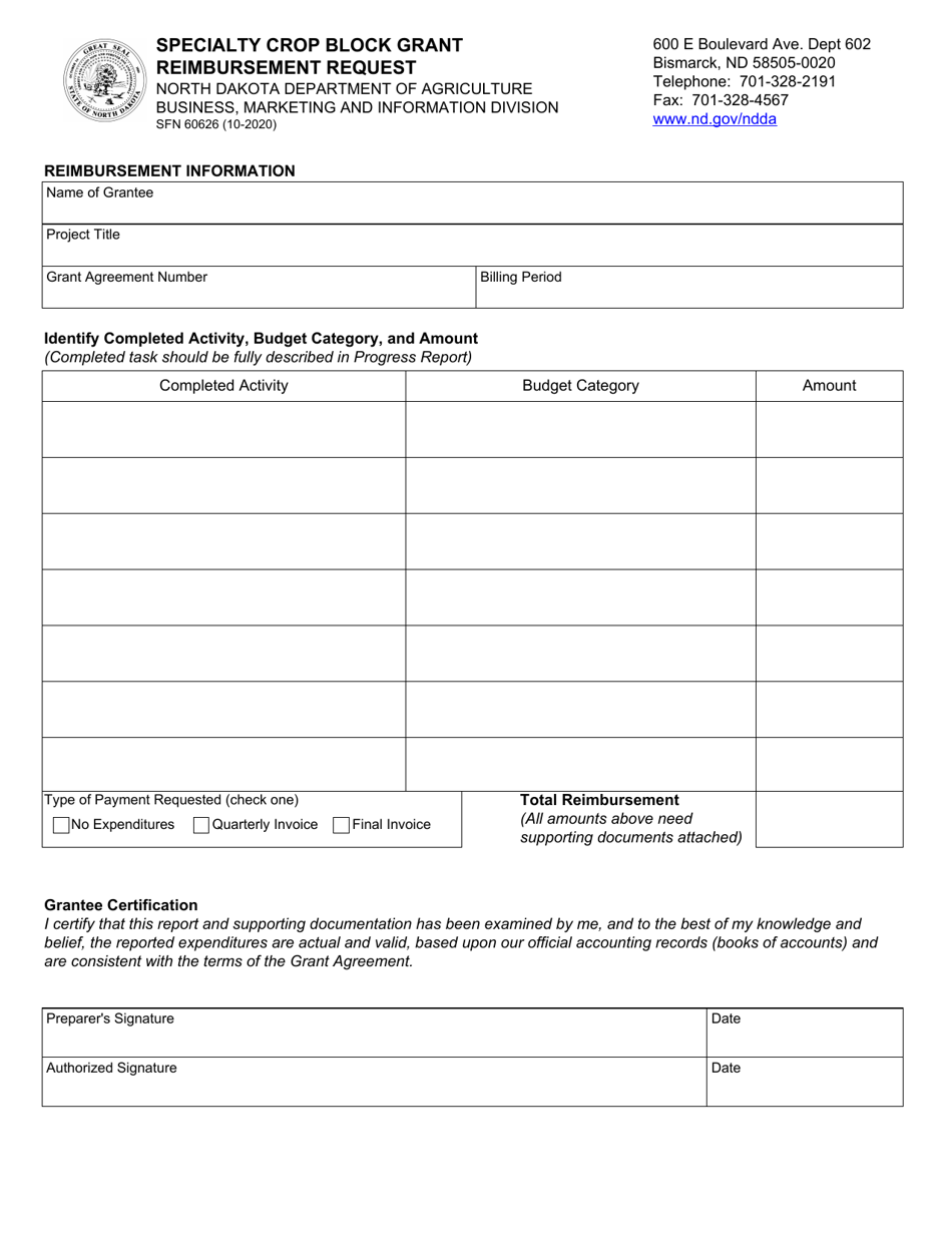 Form SFN60626 Download Fillable PDF or Fill Online Specialty Crop Block ...