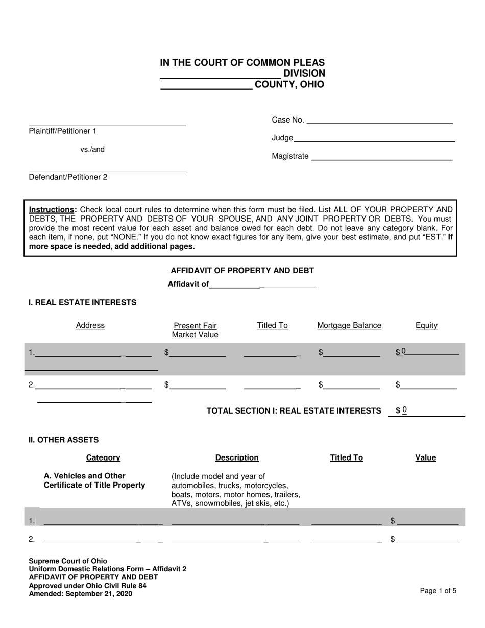 Affidavit 2 Affidavit of Property and Debt - Ohio, Page 1