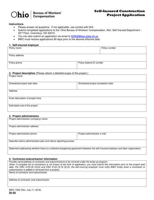 Form SI-50 (BWC-7250) Self-insured Construction Project Application - Ohio